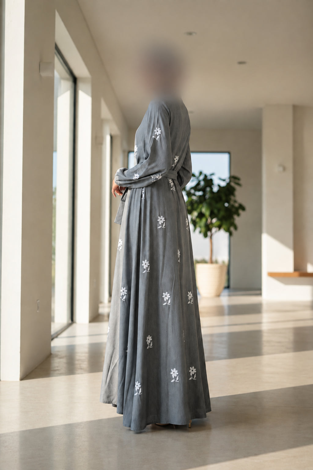 Turkish Abaya Grey with white Flowers